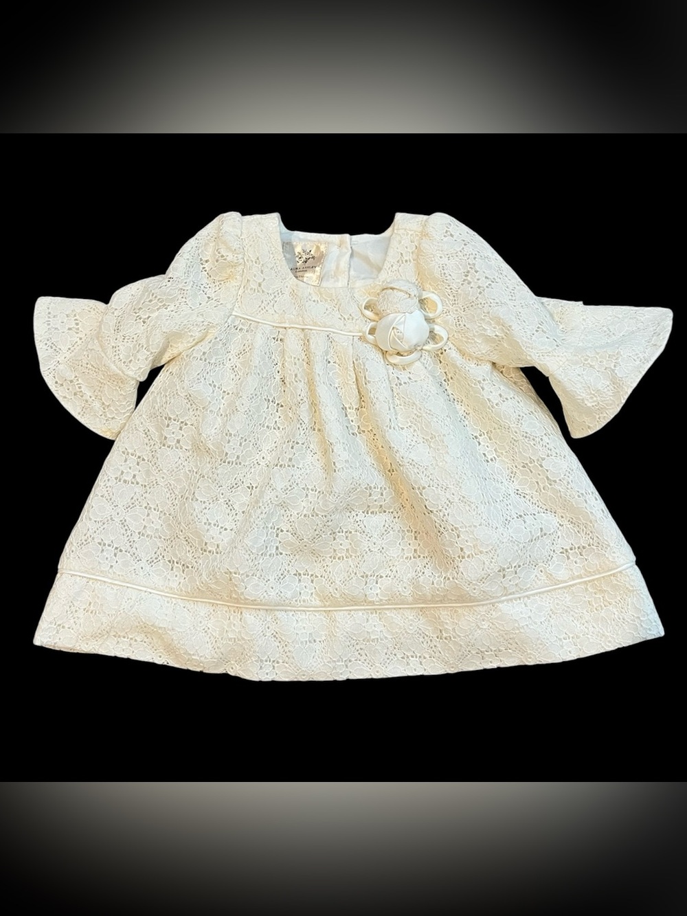 Laura Ashley London Baby Dress Cream Lace Overlay 3/4 Bell Sleeves Rosette 12M